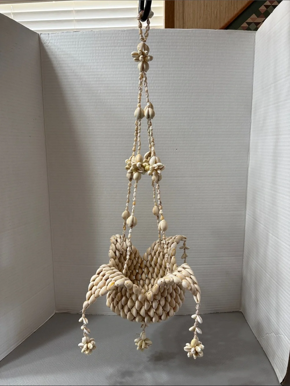Vintage Cowrie Puka Shell Handcrafted Hanging Planter Basket Boho Coastal Decor